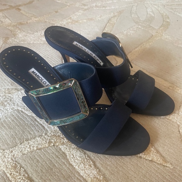 Navy Manolo Blahnik Heeled Sandals - Picture 1 of 7